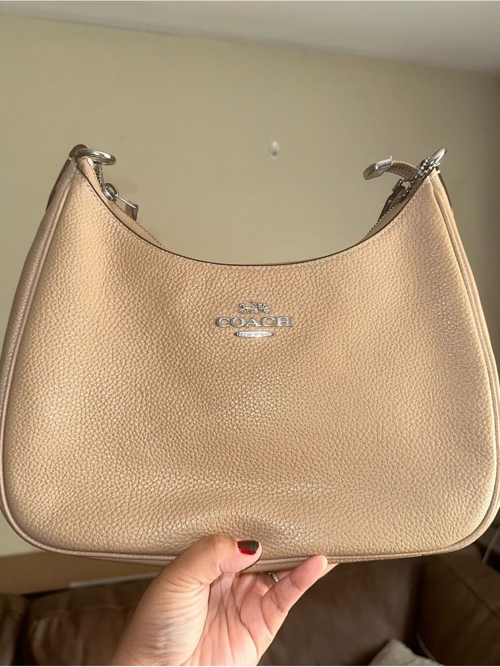 Coach Pebbled Leather Hobo Bag in Beige-Tan
